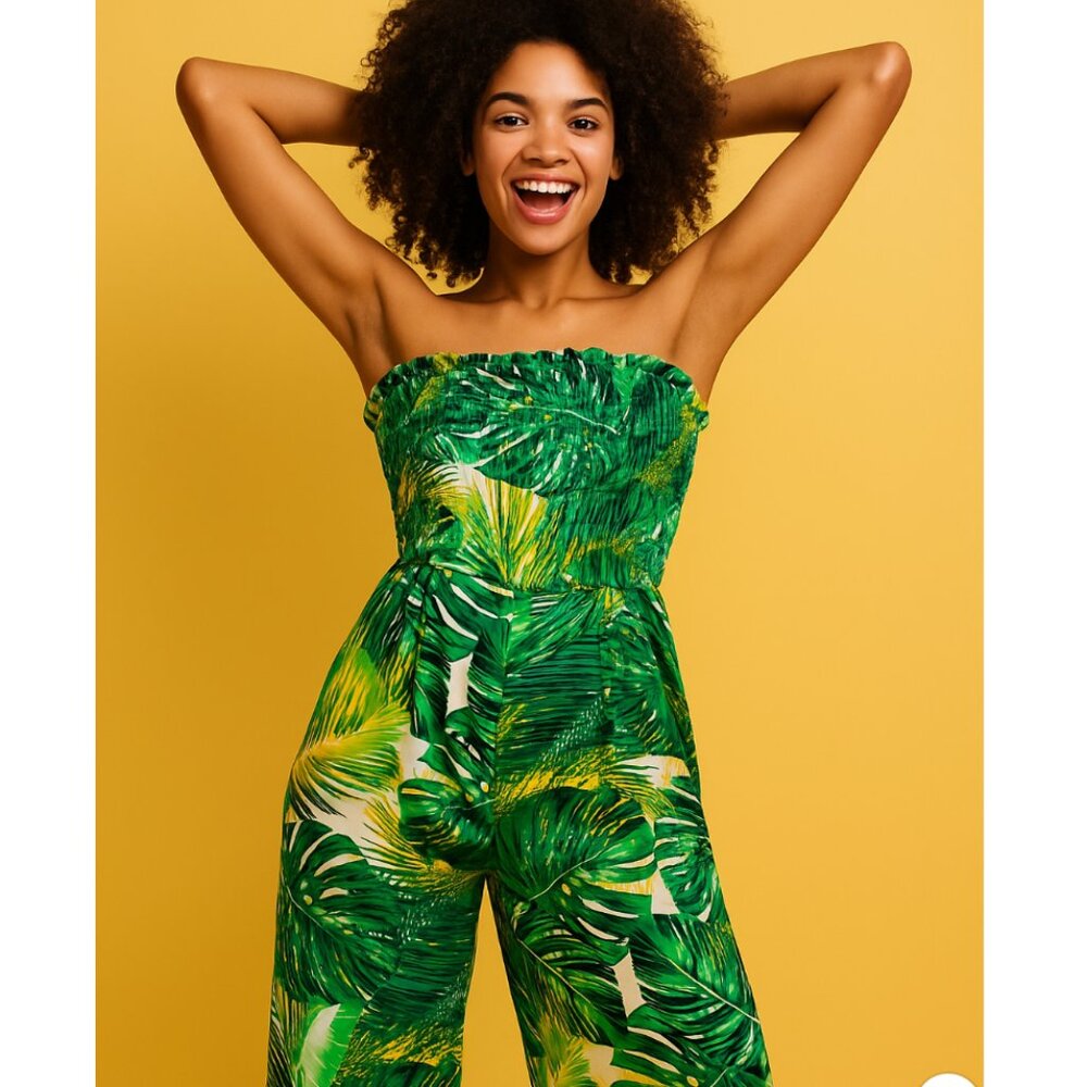 SALE NEW Tropical Leaf Print Strapless Jumpsuit